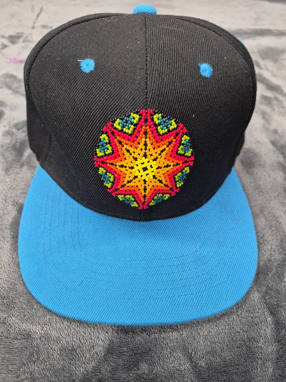 Black Snapback Cap Unisex Bright Blue Flat Huichol Beaded One Size